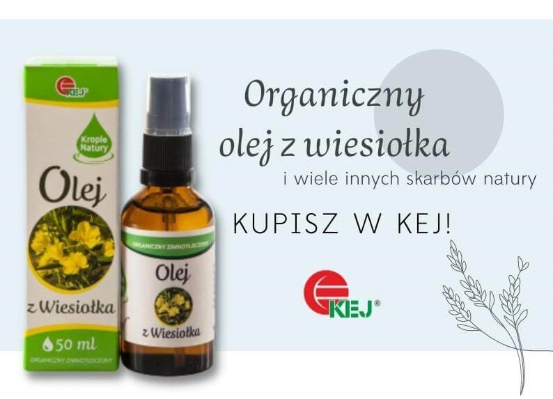 Olejek z wiesiołka organiczny firmy KEJ doskonale nawilża i łagodzi podraznienia skóry 