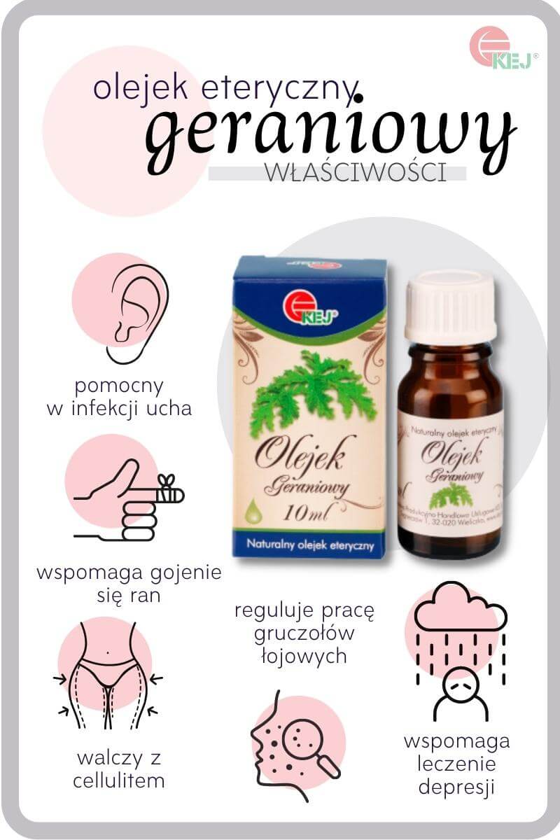 Olejek z geranium - infografika nt. właściwości olejku eterycznego z geranium