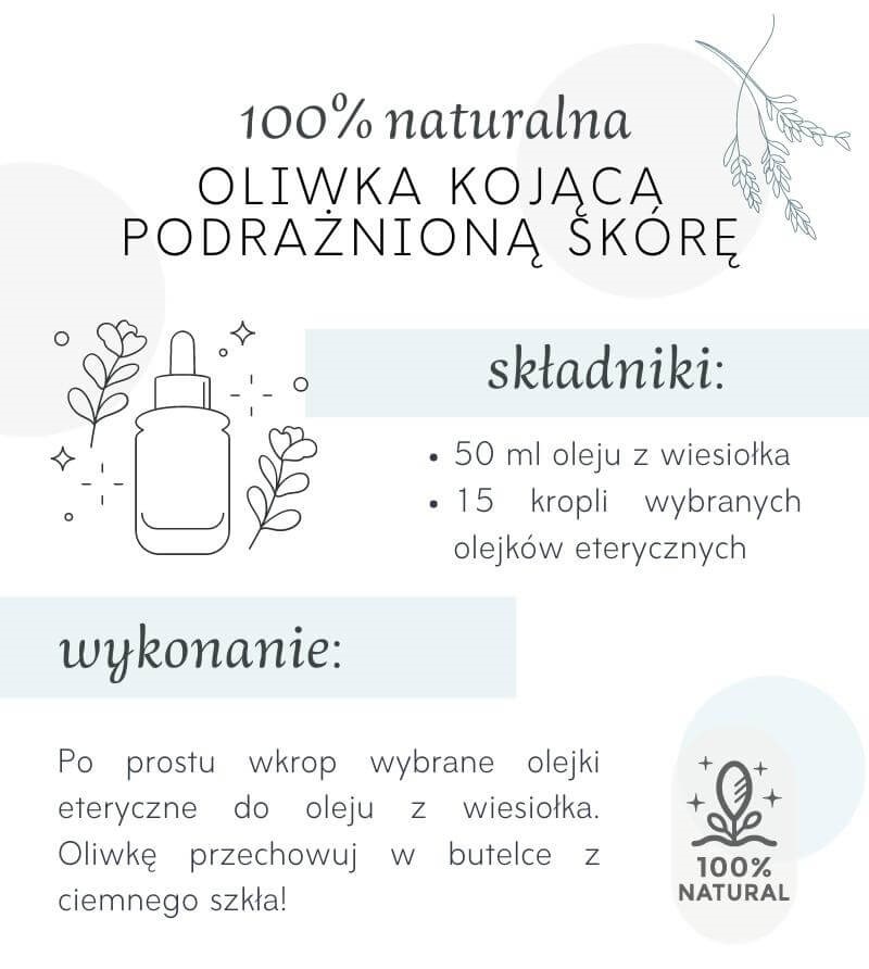 Infografika: przepis na oliwkę łagodzącą podrażnienia skóry z oleju z wiesiołka i wybranych olejków eterycznych