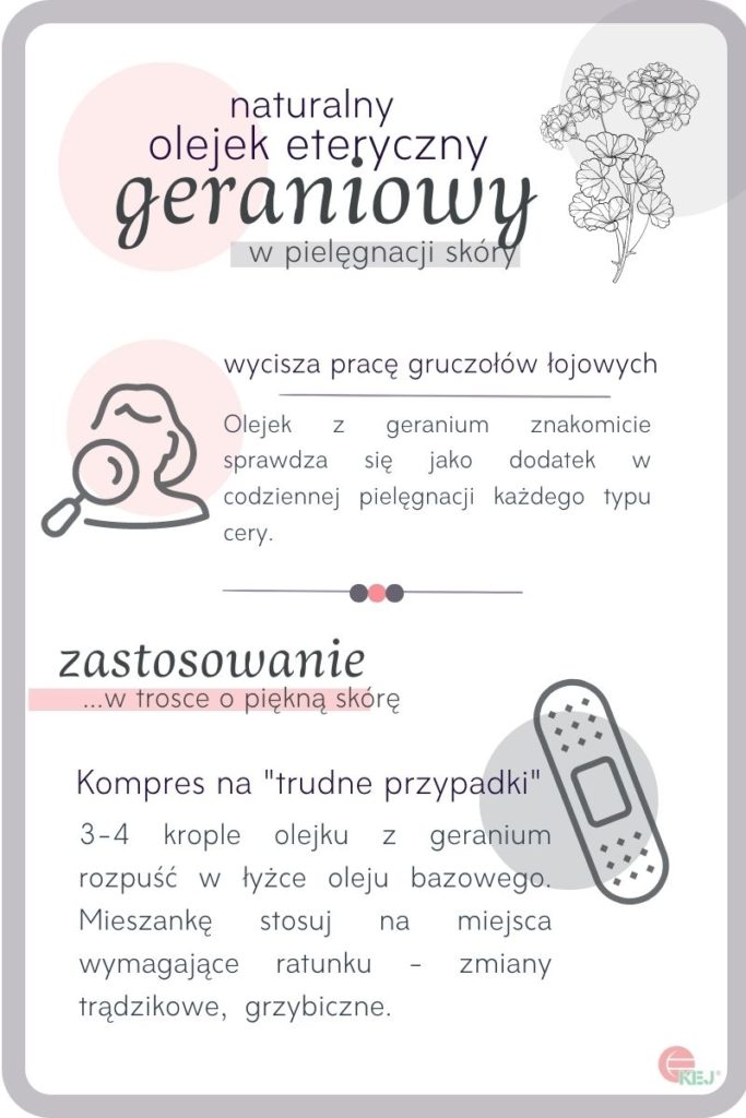 Infografika: olejek geraniowy - właściwości pielęgnacyjne 